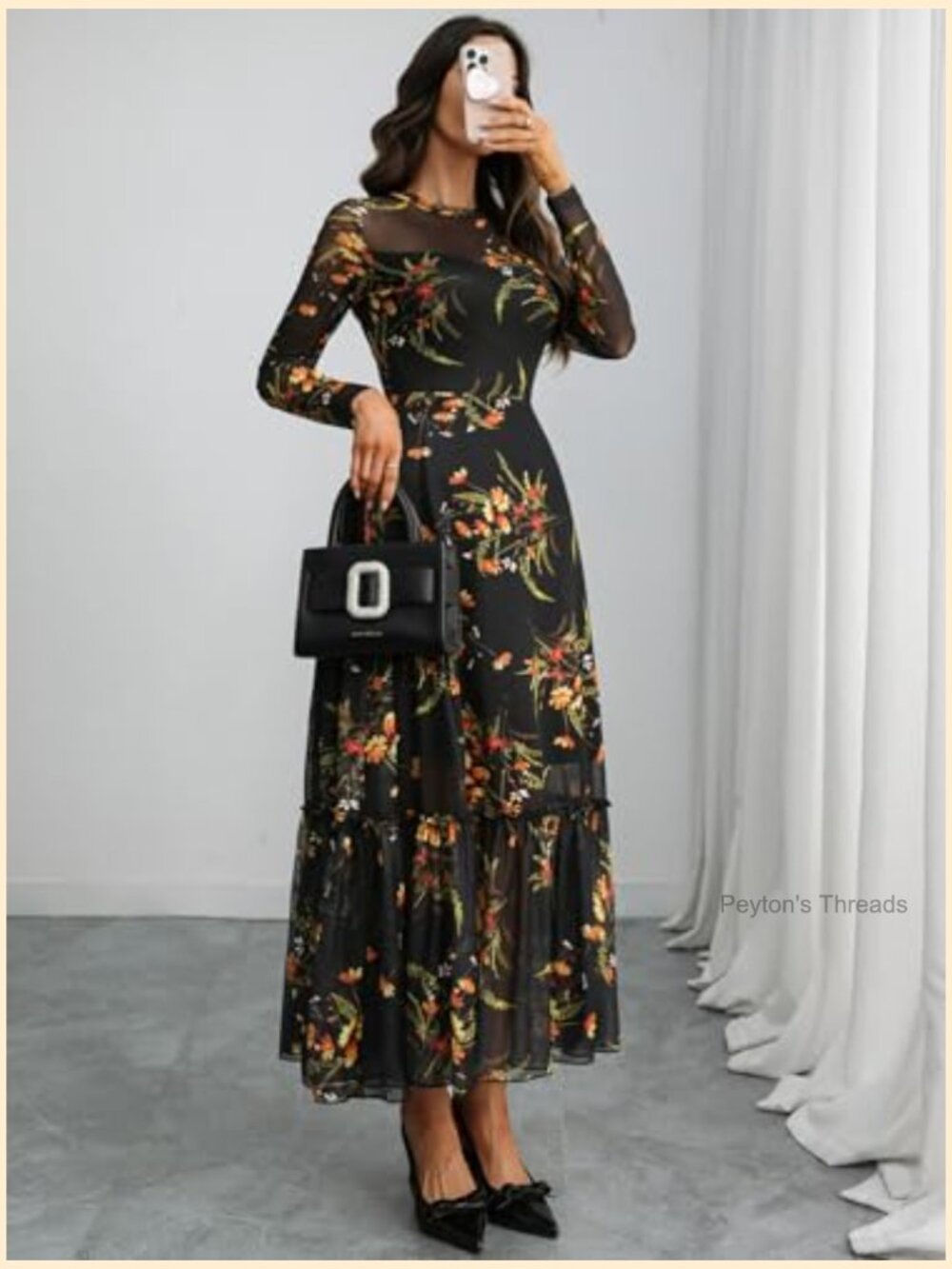 Floral Mesh Maxi Dress Long Sleeve A Line Ruffle Hem Wedding Guest - Picture 6 of 7